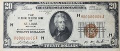 1929 $20 Small Federal Reserve Bank Note St. Louis FR1870H Serial #6 EF Graffiti Reverse Uncertified