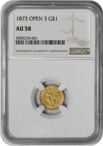 1873 $1 Gold Type 3 Open 3 AU58 NGC