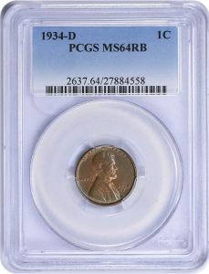 1934-D Lincoln Cent MS64RB PCGS