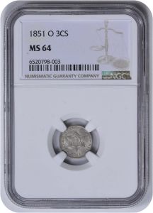 1851-O Three Cent Silver MS64 NGC