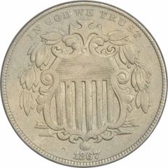 1867 Shield Nickel No Rays VF Uncertified