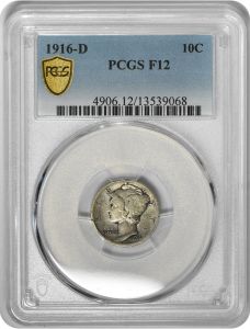 1916-D Mercury Silver Dime F12 PCGS
