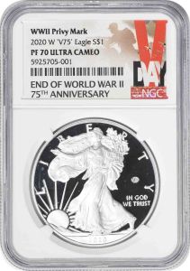 2020-W $1 American Silver Eagle End of World War II v75 Privy PR70UCAM NGC