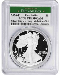 2026-P $1 American Silver Eagle Congratulations Set PR69DCAM First Strike PCGS (Struck at Philadelphia Label)