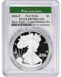 2026-P $1 American Silver Eagle Congratulations Set PR70DCAM First Strike PCGS (Struck at Philadelphia Label)