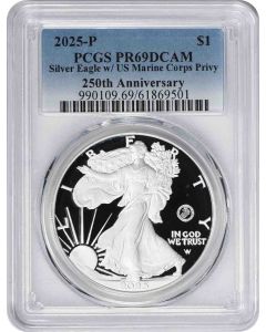 2025-P $1 American Silver Eagle U.S. Marine Corps Privy 250th Anniversary PR69DCAM PCGS