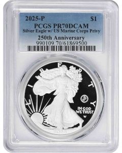 2025-P $1 American Silver Eagle U.S. Marine Corps Privy 250th Anniversary PR70DCAM PCGS