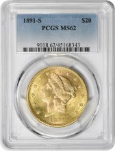 1891-S $20 Gold Liberty Head MS62 PCGS