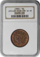 1855 Large Cent Upright 55 MS66RB NGC