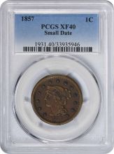 1857 Large Cent Small Date EF40 PCGS