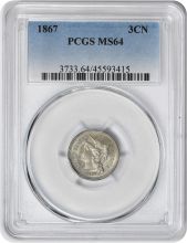 1867 Three Cent Nickel MS64 PCGS