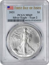 2021 $1 American Silver Eagle Type 2 MS69 First Day of Issue PCGS