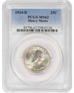 1934-D Washington Silver Quarter Heavy Motto MS62 PCGS