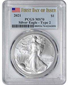 2021 $1 American Silver Eagle Type 2 MS70 First Day of Issue PCGS