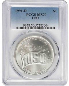 1991-D USO Commemorative Silver Dollar MS70 PCGS