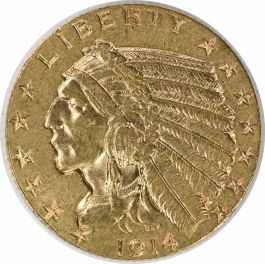 1914 $5 Gold Indian AU Uncertified #907